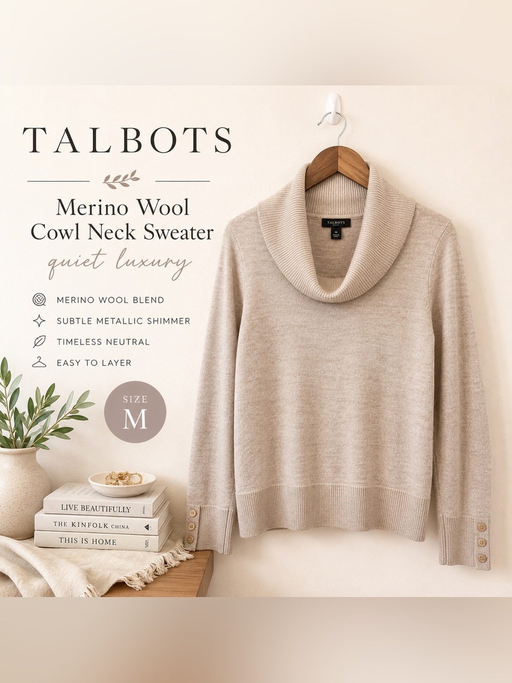 Talbots Quiet Luxury Merino Wool Cowl Neck Sweater Coastal Chic Beige Medium F01